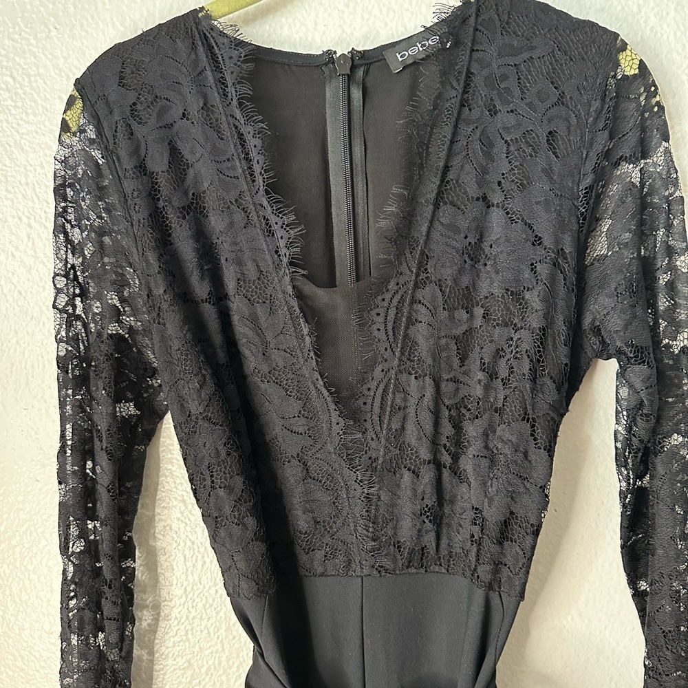 BEBE Black Long Sleeves Eye Lash Lace Cocktail Holiday Small Jumpsuit BNWT